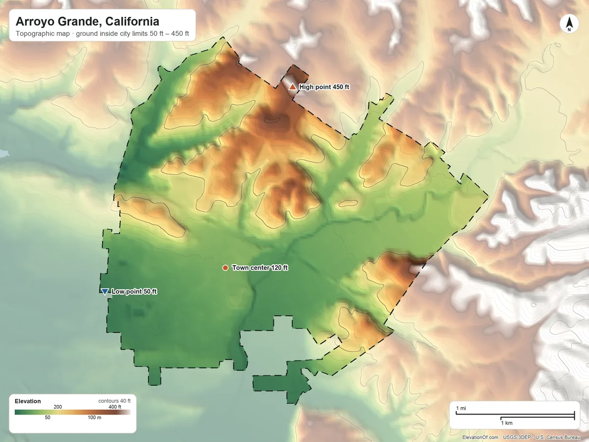 Topographic elevation map of Arroyo Grande, California, shaded from 50 ft on the west side to 450 ft on the north side