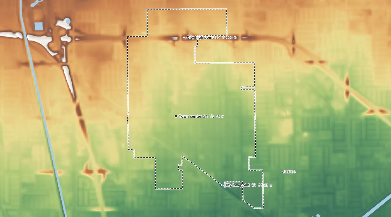 Topographic elevation map of Artesia, California, shaded from 43 ft on the southeast side to 85 ft on the north side