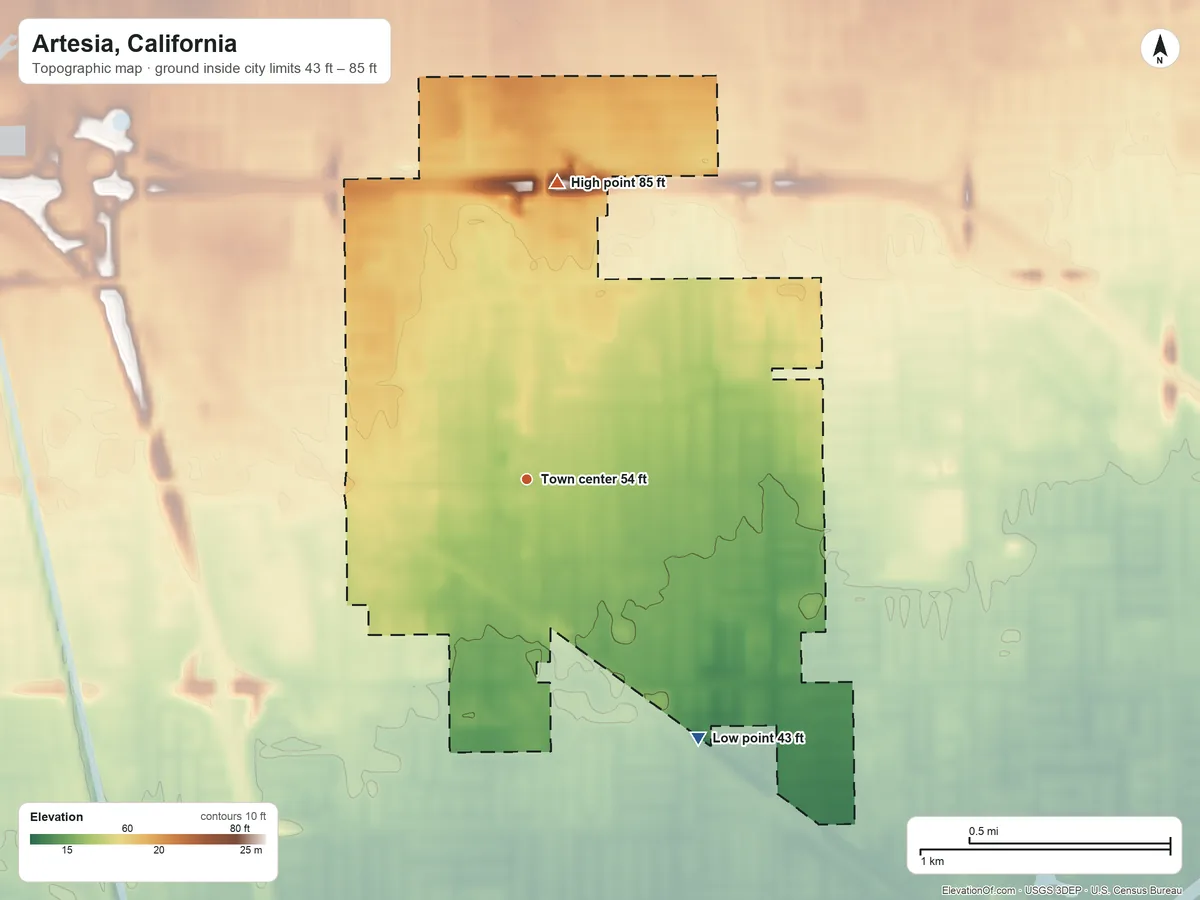 Topographic elevation map of Artesia, California, shaded from 43 ft on the southeast side to 85 ft on the north side