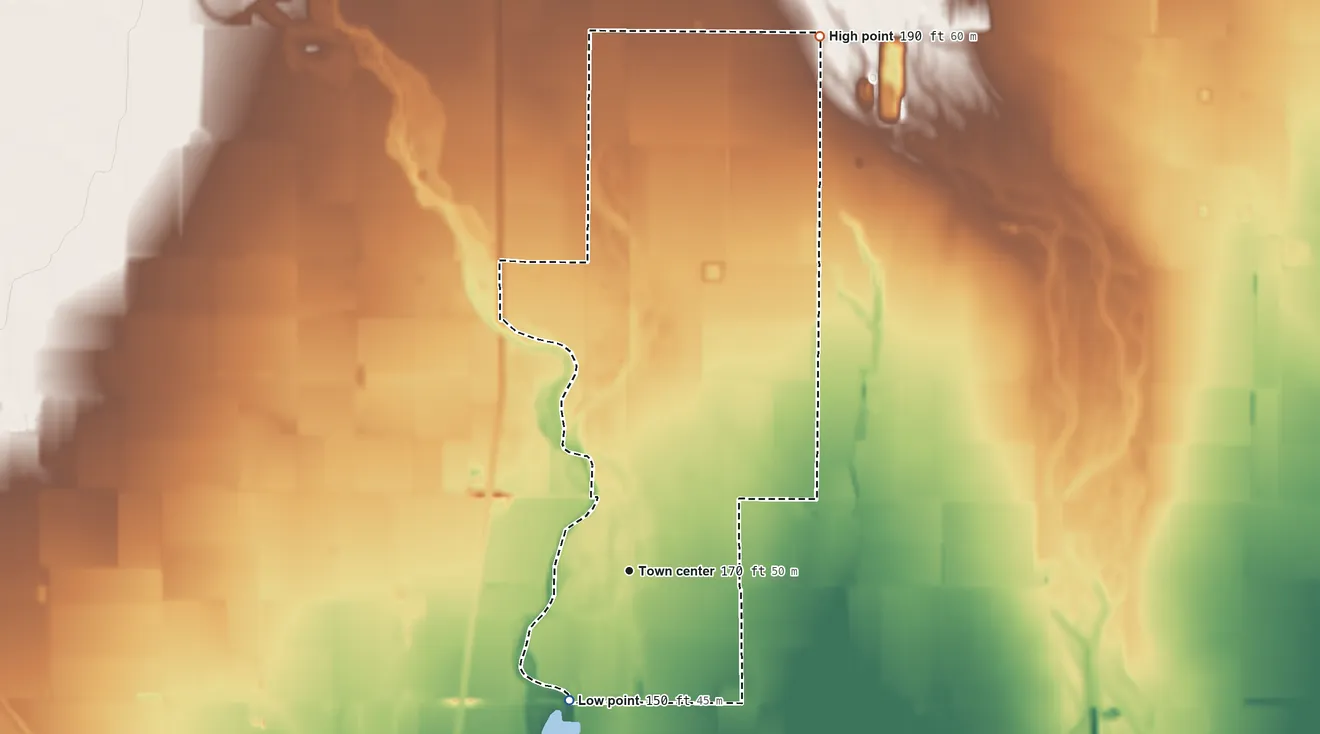 Topographic elevation map of Artois, California, shaded from 150 ft on the southwest side to 190 ft on the north side
