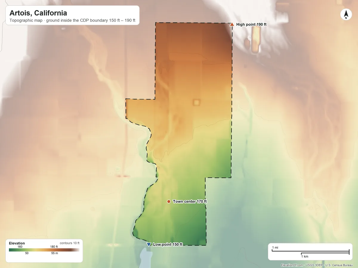 Topographic elevation map of Artois, California, shaded from 150 ft on the southwest side to 190 ft on the north side