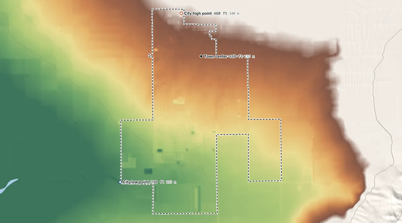 Topographic elevation map of Arvin, California, shaded from 390 ft on the southwest side to 460 ft on the northwest side