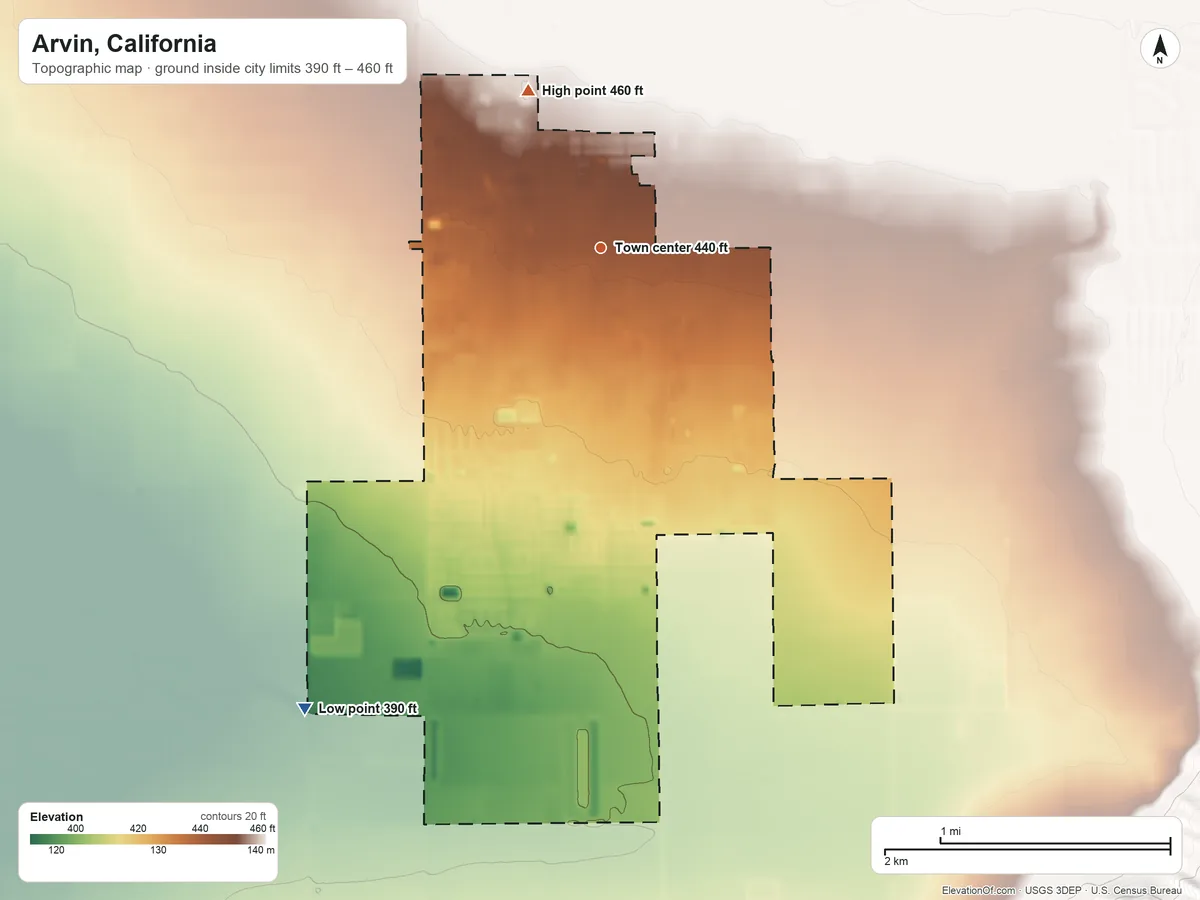 Topographic elevation map of Arvin, California, shaded from 390 ft on the southwest side to 460 ft on the northwest side