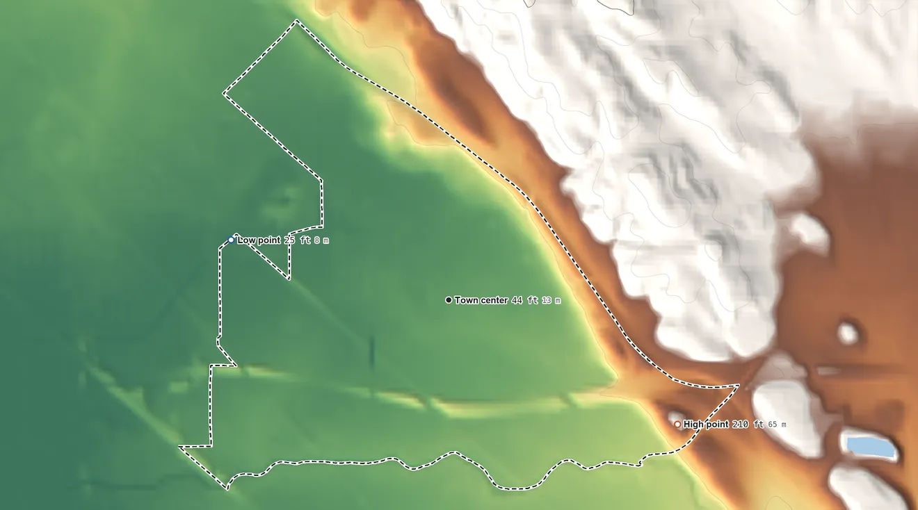 Topographic elevation map of Ashland, California, shaded from 25 ft on the west side to 210 ft at the foot of the San Leandro Hills