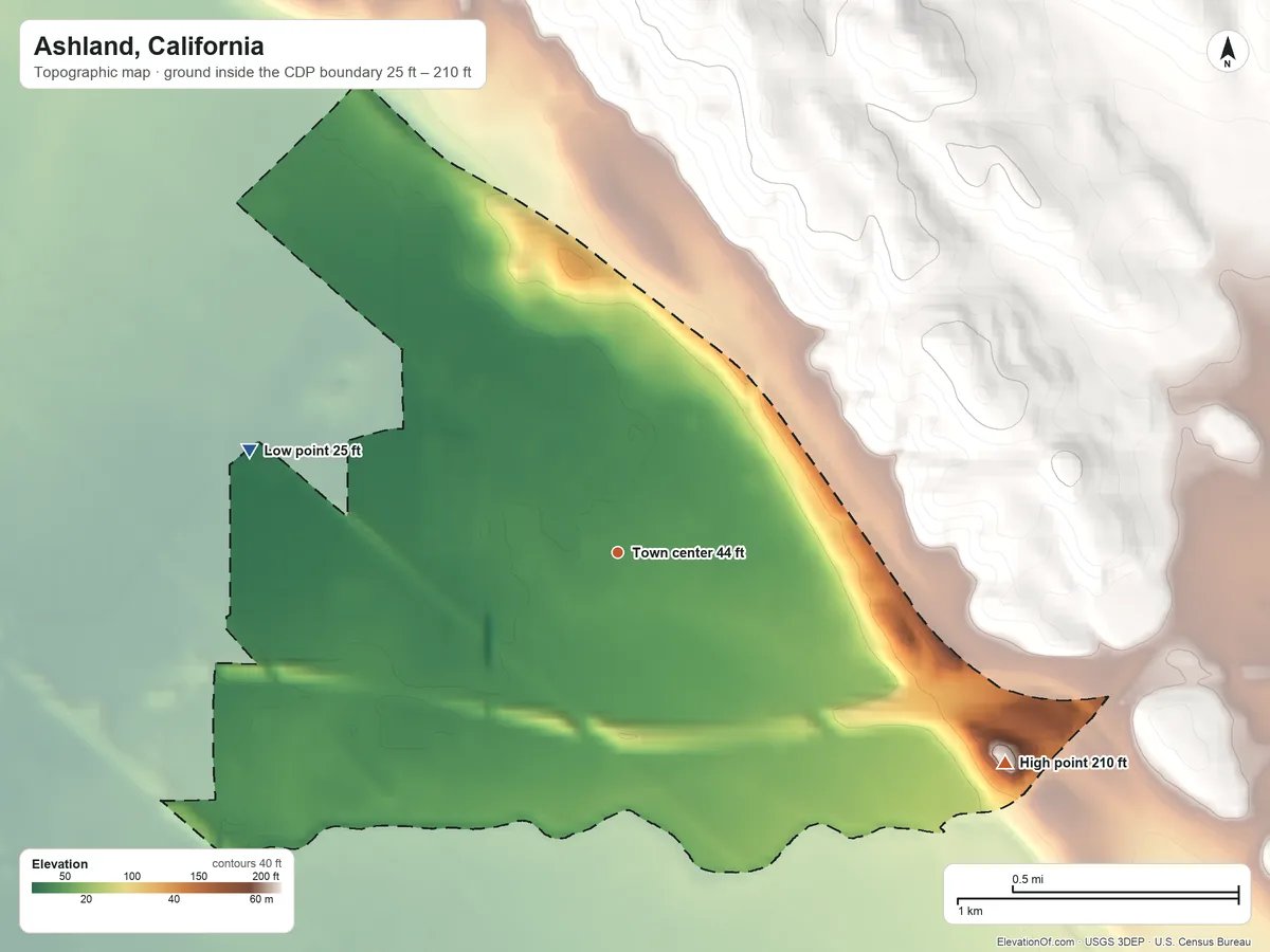Topographic elevation map of Ashland, California, shaded from 25 ft on the west side to 210 ft at the foot of the San Leandro Hills