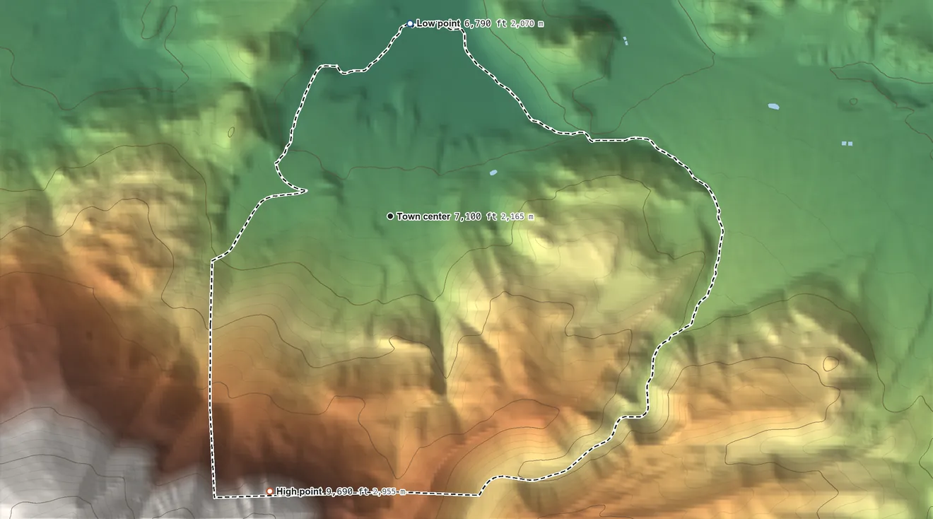 Topographic elevation map of Aspen Springs, California, shaded from 6,790 ft on the north side to 9,690 ft on the southwest edge, below higher ground just outside