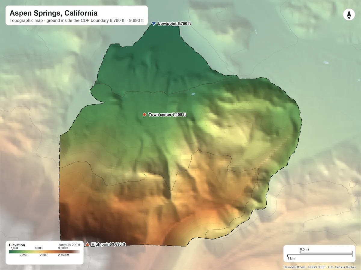 Topographic elevation map of Aspen Springs, California, shaded from 6,790 ft on the north side to 9,690 ft on the southwest edge, below higher ground just outside