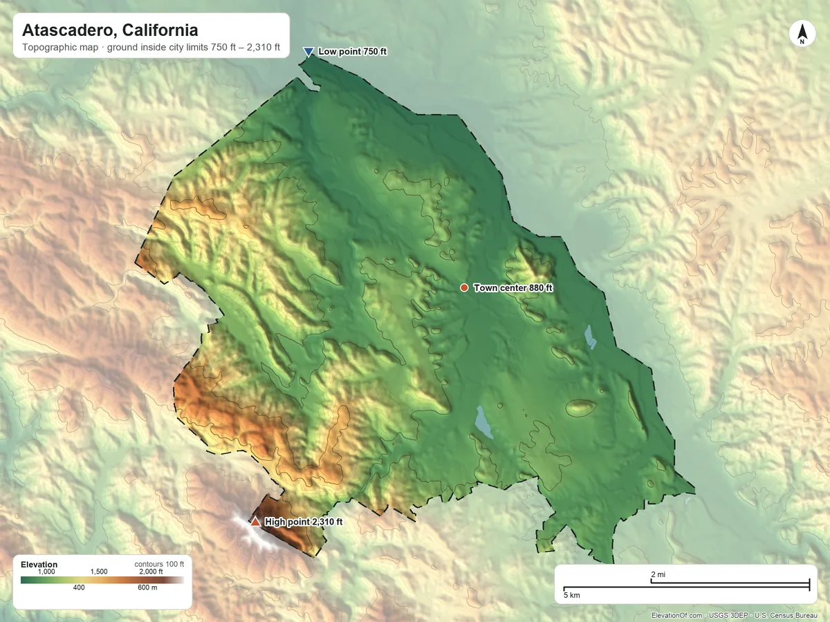 Topographic elevation map of Atascadero, California, shaded from 750 ft on the northwest side to 2,310 ft on the southwest edge, below higher ground just outside