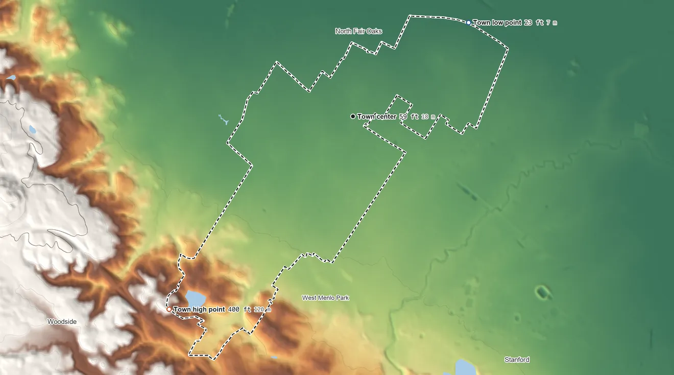 Topographic elevation map of Atherton, California, shaded from 23 ft on the northeast side to 400 ft on the southwest side