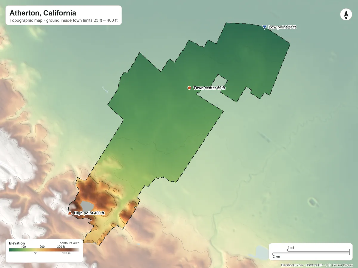 Topographic elevation map of Atherton, California, shaded from 23 ft on the northeast side to 400 ft on the southwest side