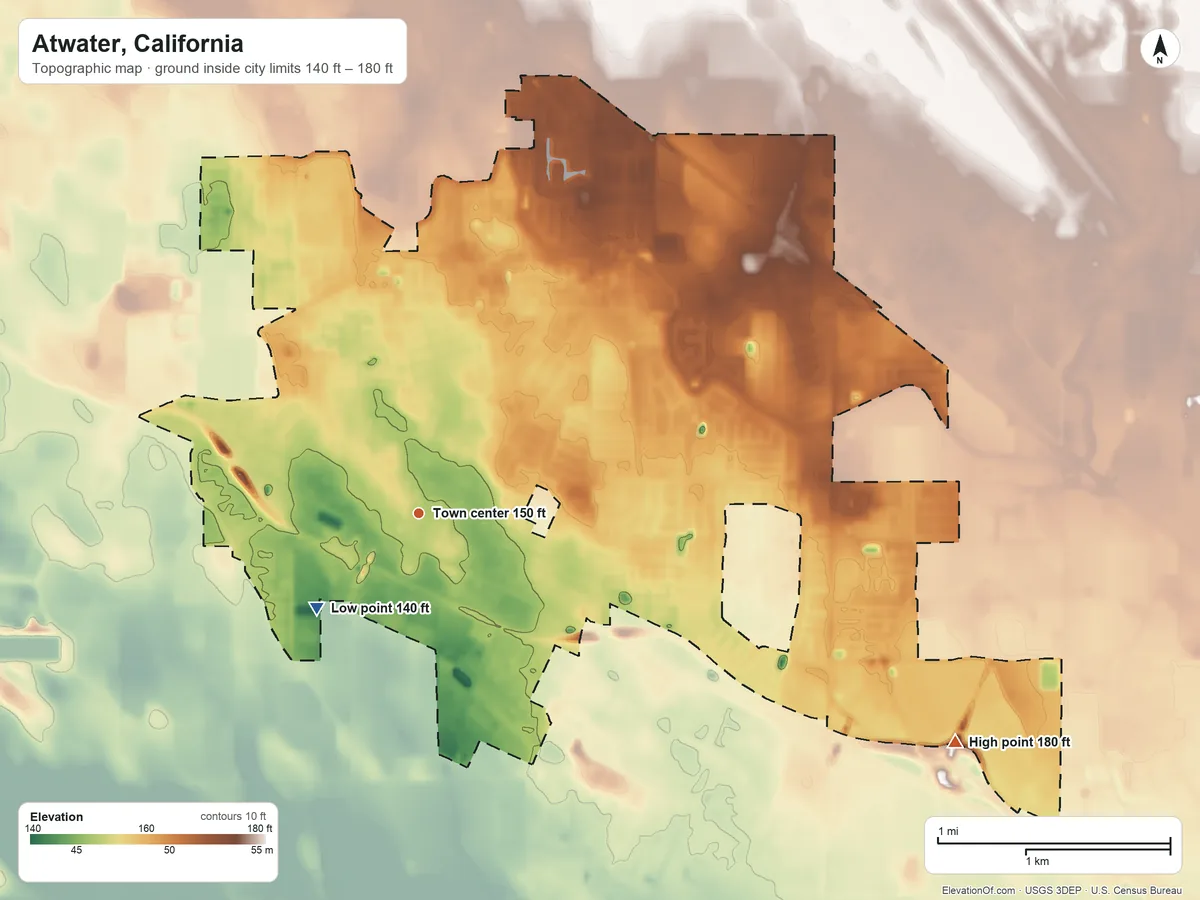 Topographic elevation map of Atwater, California, shaded from 140 ft on the southwest side to 180 ft on the southeast side