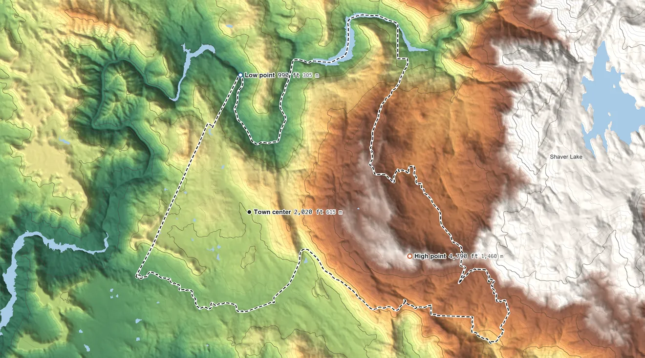 Topographic elevation map of Auberry, California, shaded from 990 ft on the north side to 4,790 ft on Bald Mountain