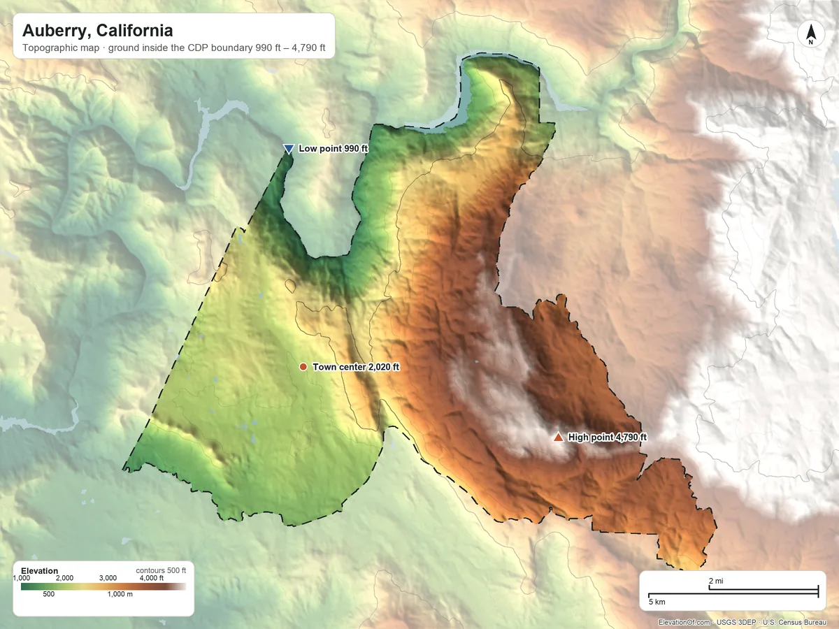 Topographic elevation map of Auberry, California, shaded from 990 ft on the north side to 4,790 ft on Bald Mountain