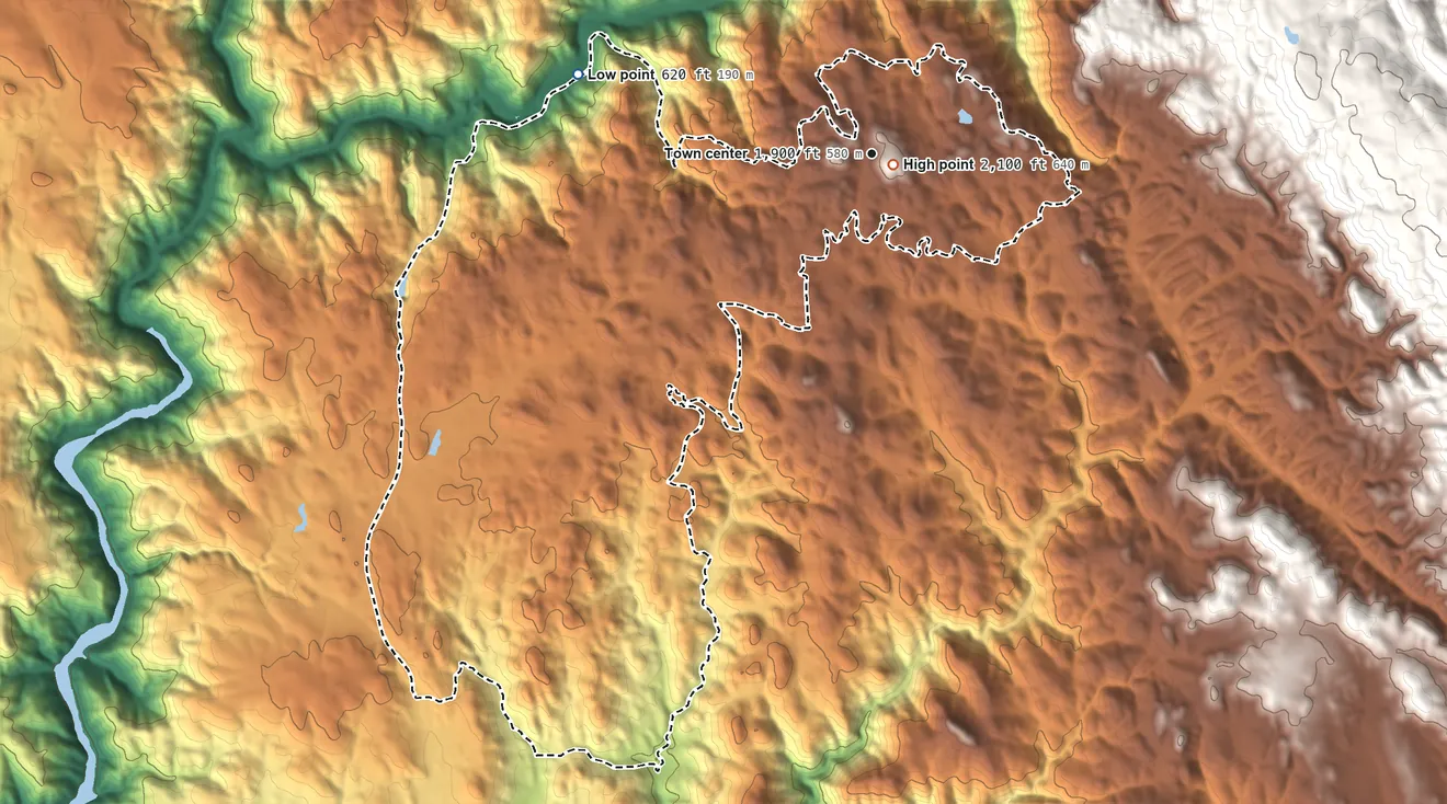 Topographic elevation map of Auburn Lake Trails, California, shaded from 620 ft on the west side to 2,100 ft near the middle