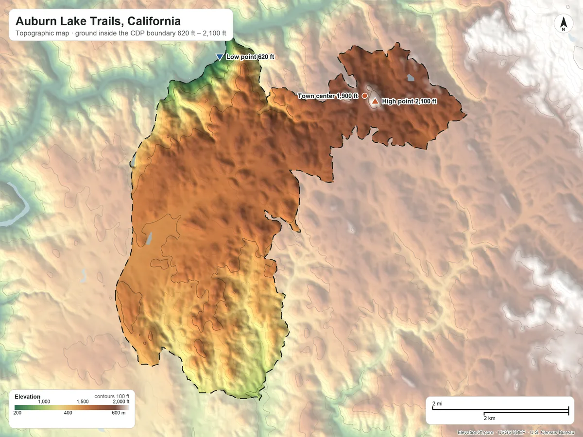 Topographic elevation map of Auburn Lake Trails, California, shaded from 620 ft on the west side to 2,100 ft near the middle