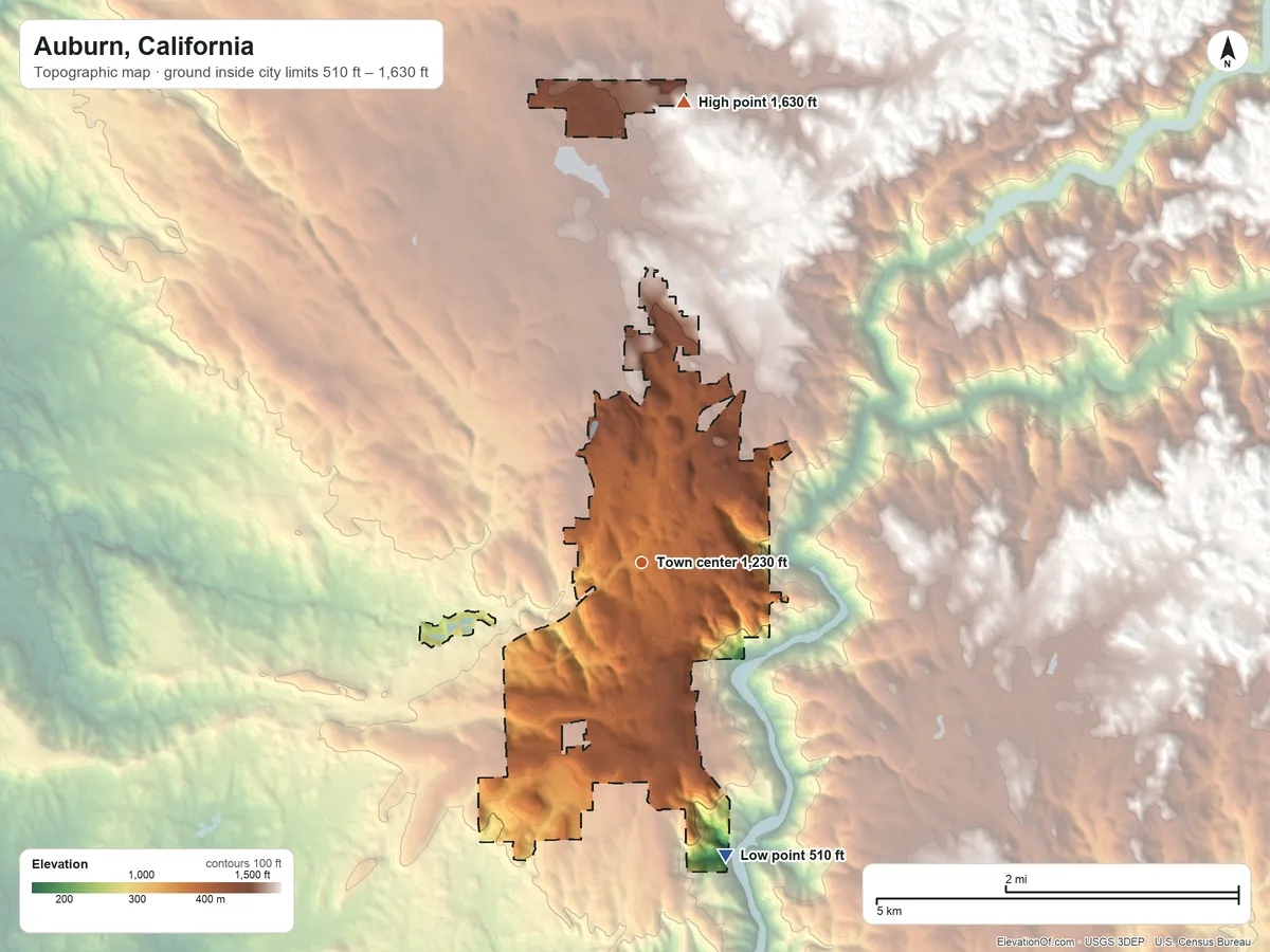 Topographic elevation map of Auburn, California, shaded from 510 ft on the south side to 1,630 ft on the north side