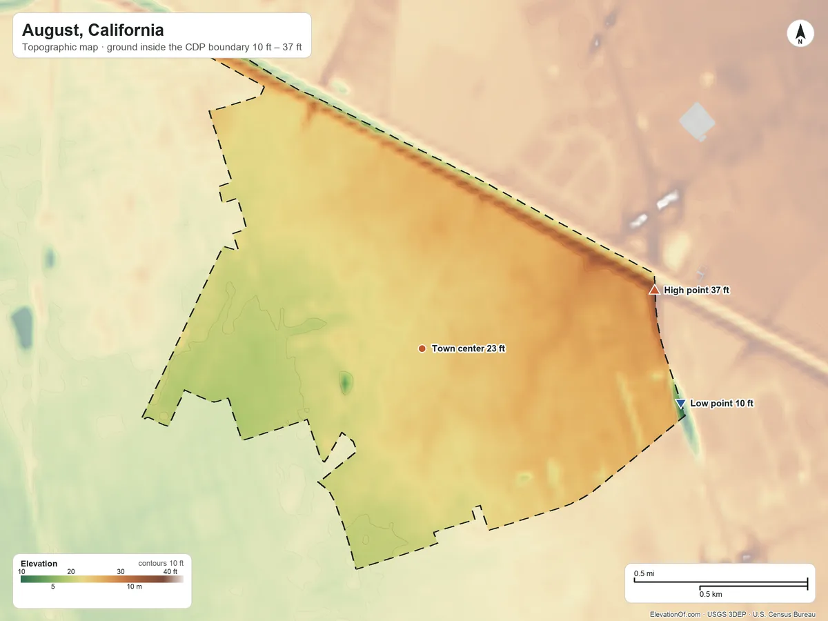 Topographic elevation map of August, California, shaded from 10 ft on the east side to 37 ft on the east side