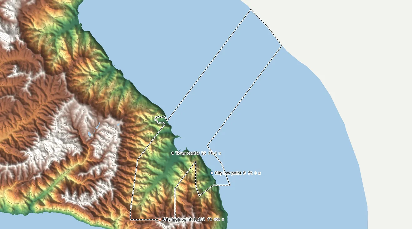 Topographic elevation map of Avalon, California, shaded from sea level level on the Pacific Ocean to 1,480 ft on the south side