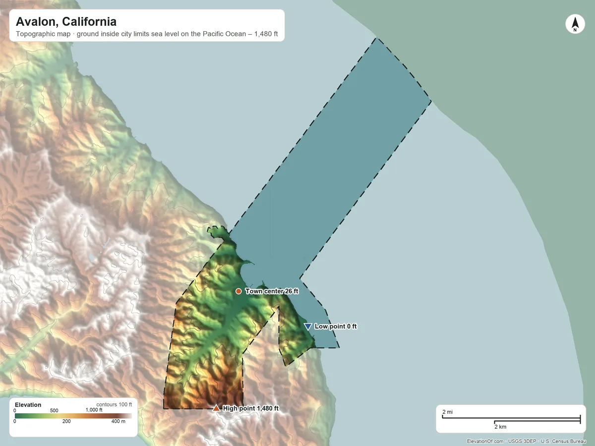 Topographic elevation map of Avalon, California, shaded from sea level level on the Pacific Ocean to 1,480 ft on the south side