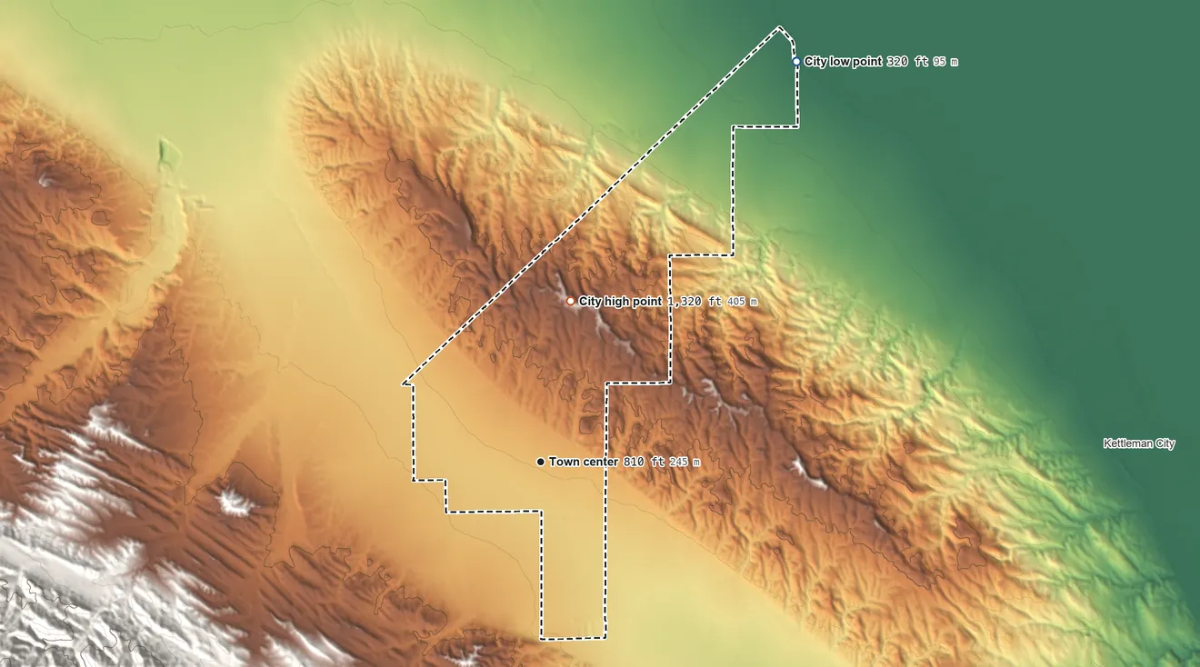 Topographic elevation map of Avenal, California, shaded from 320 ft on the northeast side to 1,320 ft on La Cumbre