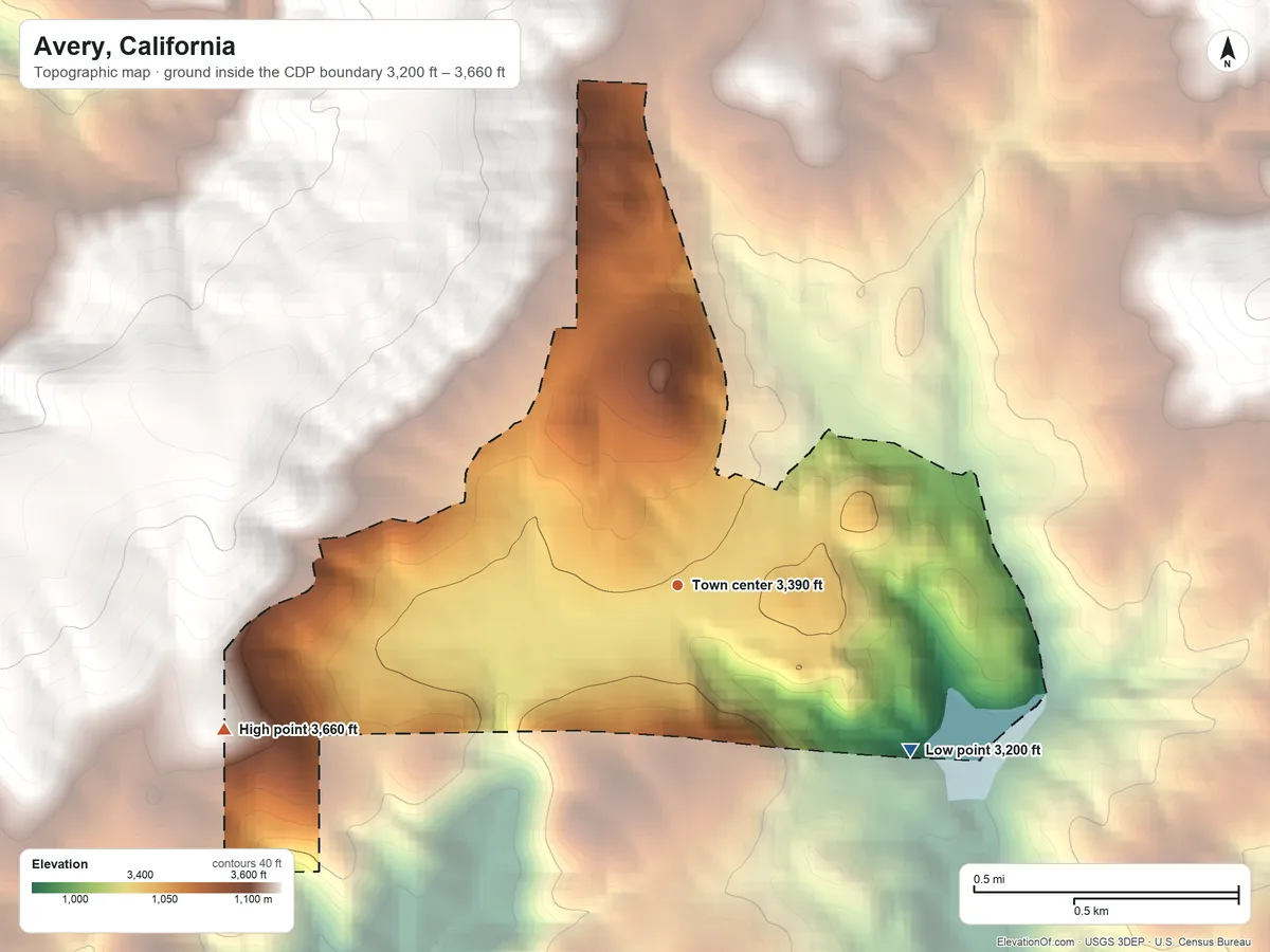 Topographic elevation map of Avery, California, shaded from 3,200 ft on the southeast side to 3,660 ft on the west edge, below higher ground just outside