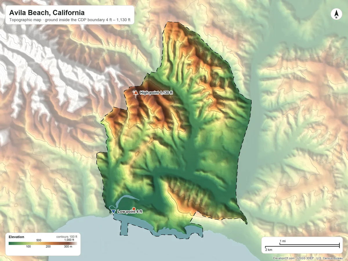 Topographic elevation map of Avila Beach, California, shaded from 4 ft near the middle to 1,130 ft at the foot of the Irish Hills