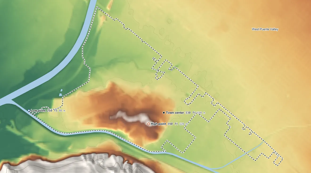 Topographic elevation map of Avocado Heights, California, shaded from 260 ft on the west side to 390 ft at the foot of the San Jose Hills