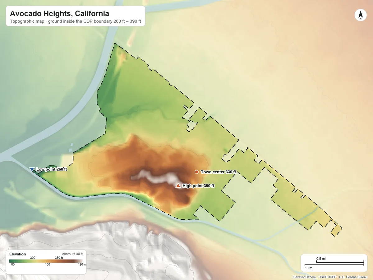 Topographic elevation map of Avocado Heights, California, shaded from 260 ft on the west side to 390 ft at the foot of the San Jose Hills