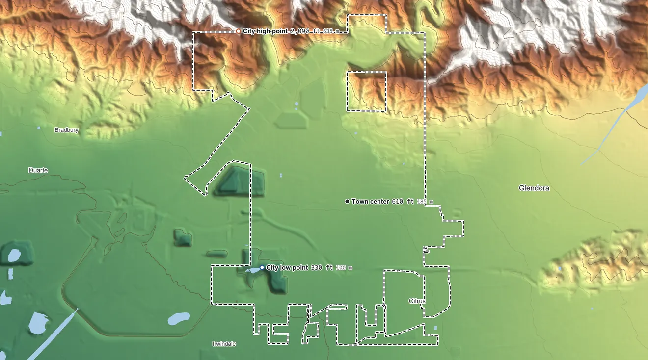 Topographic elevation map of Azusa, California, shaded from 330 ft on the southwest side to 2,090 ft at the foot of the South Hills