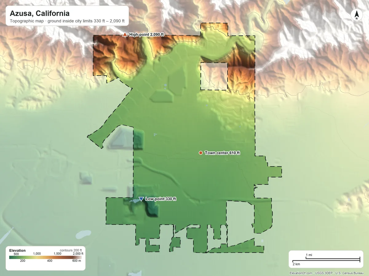 Topographic elevation map of Azusa, California, shaded from 330 ft on the southwest side to 2,090 ft at the foot of the South Hills
