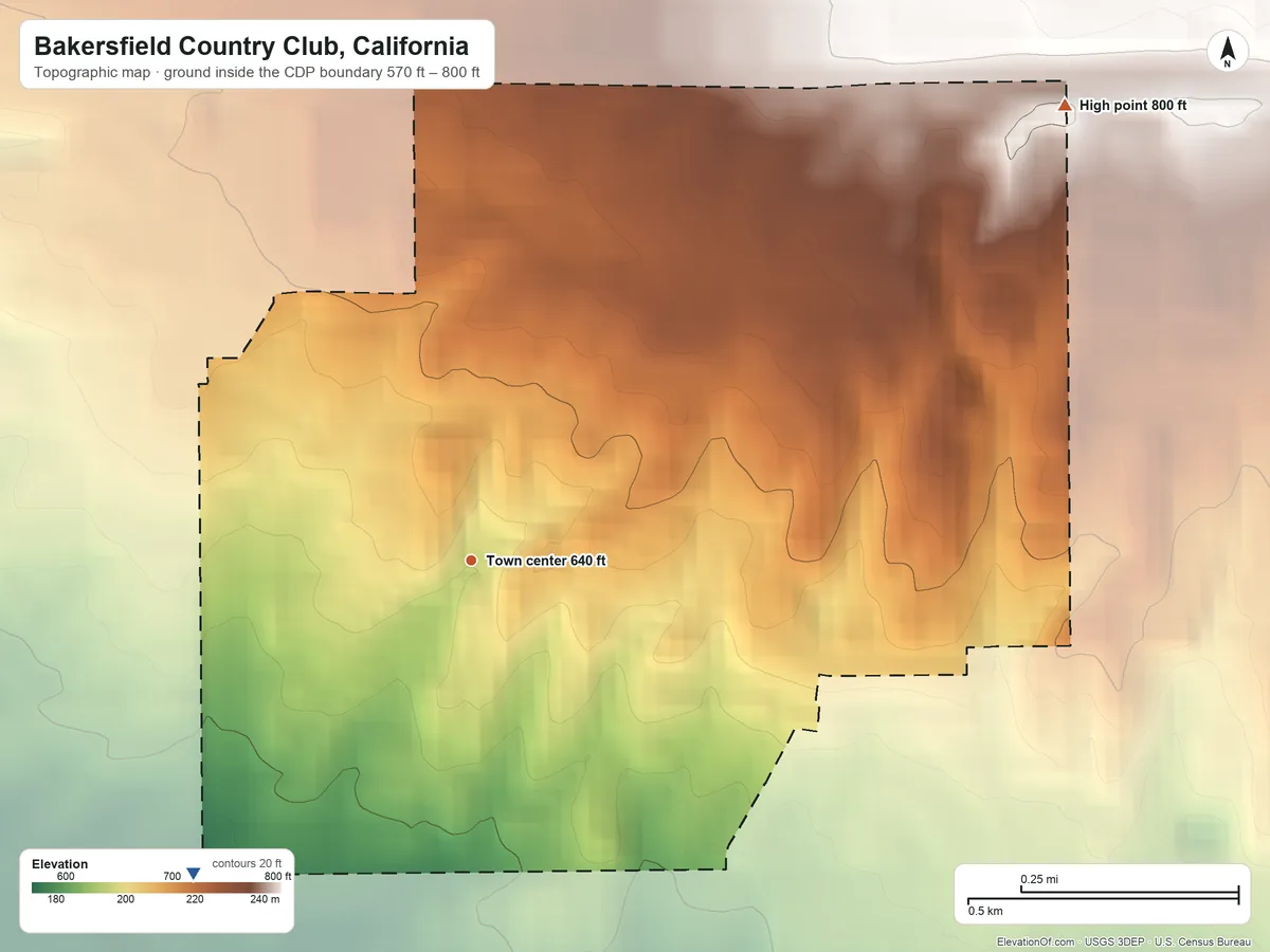 Topographic elevation map of Bakersfield Country Club, California, shaded from 570 ft on the southwest side to 800 ft on the northeast side