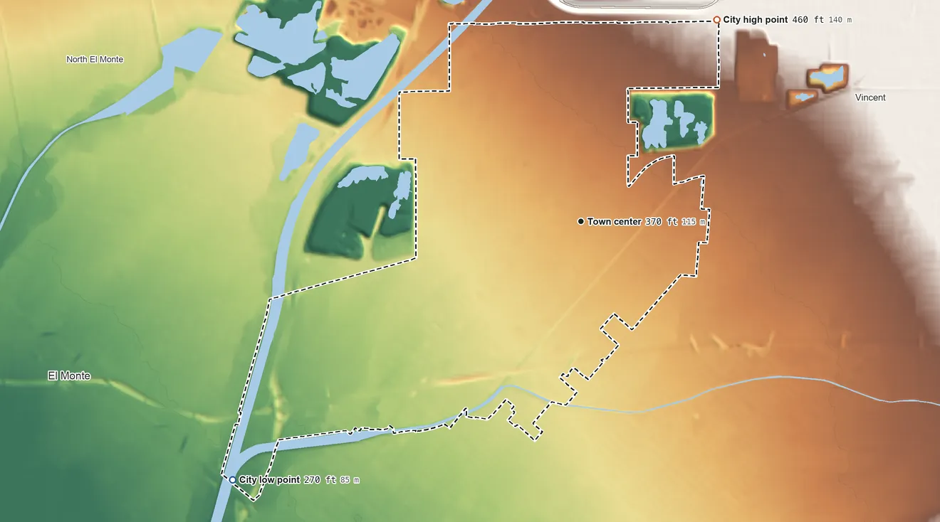 Topographic elevation map of Baldwin Park, California, shaded from 270 ft on the southwest side to 460 ft on the northeast side