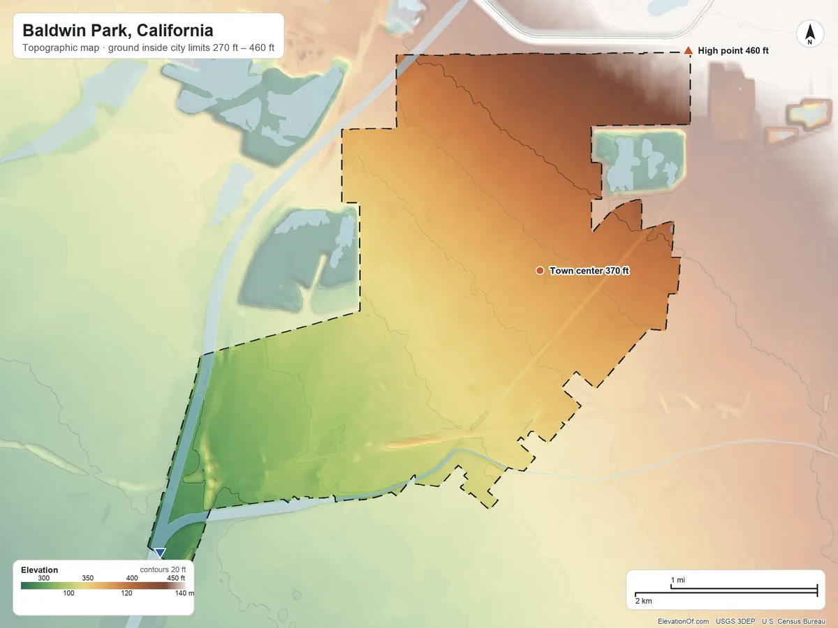 Topographic elevation map of Baldwin Park, California, shaded from 270 ft on the southwest side to 460 ft on the northeast side