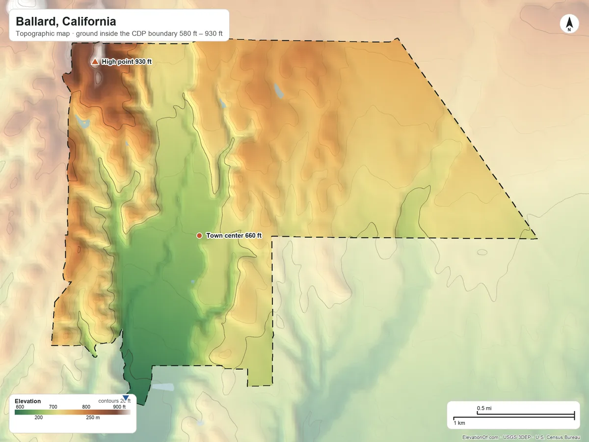 Topographic elevation map of Ballard, California, shaded from 580 ft on the southwest side to 930 ft on the northwest side