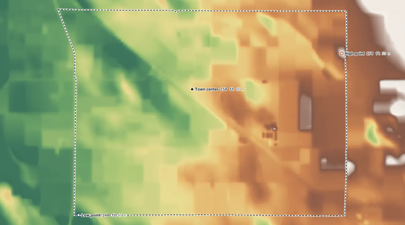 Topographic elevation map of Ballico, California, shaded from 140 ft on the southwest side to 170 ft on the east side