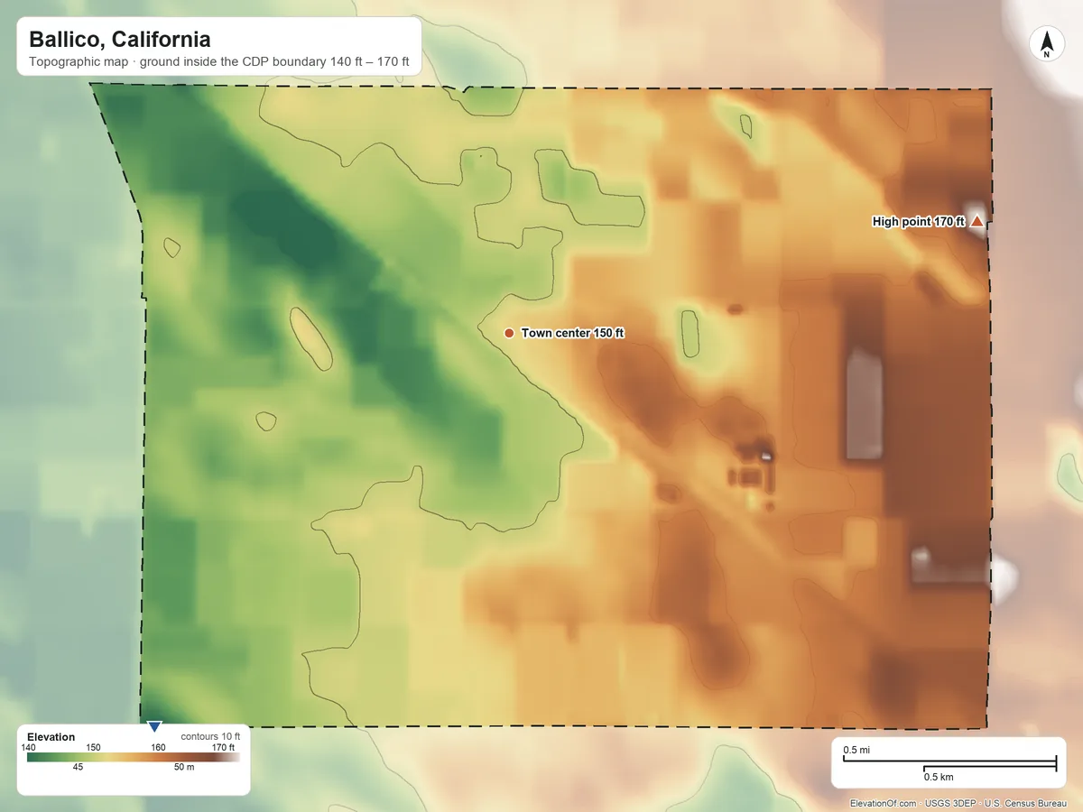 Topographic elevation map of Ballico, California, shaded from 140 ft on the southwest side to 170 ft on the east side