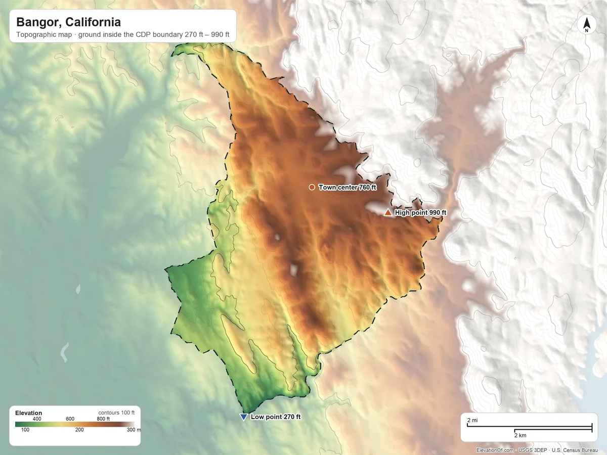 Topographic elevation map of Bangor, California, shaded from 270 ft on the south side to 990 ft at the foot of the Oat Hills