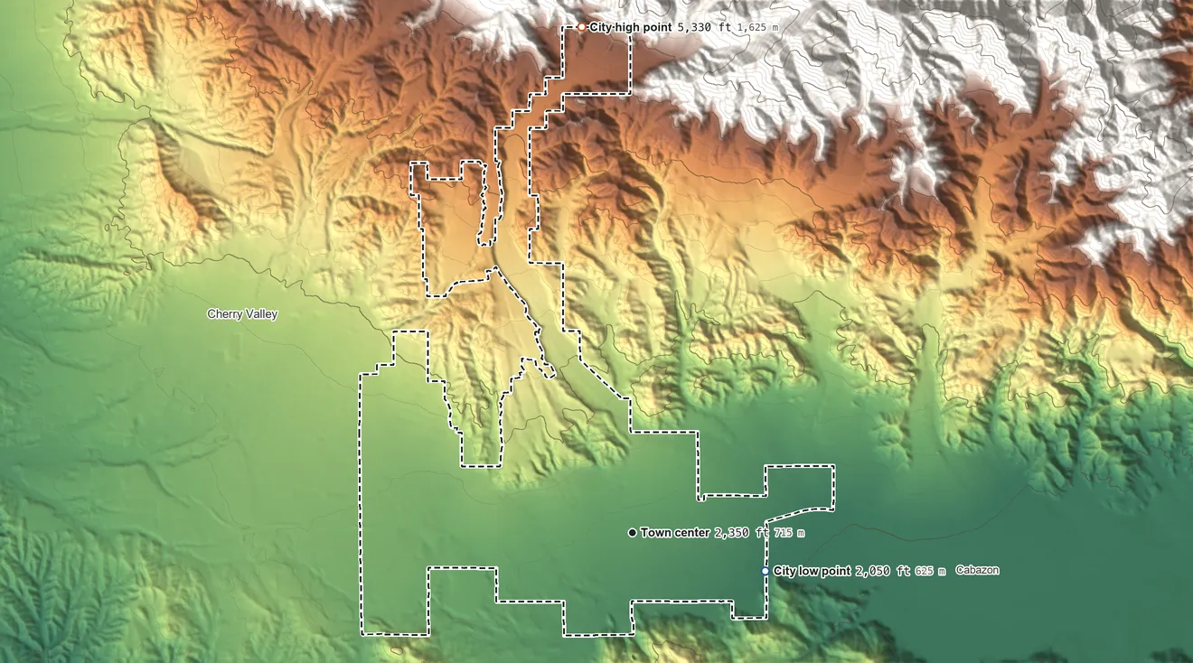 Topographic elevation map of Banning, California, shaded from 2,050 ft on the east side to 5,330 ft at the foot of the San Bernardino Mountains