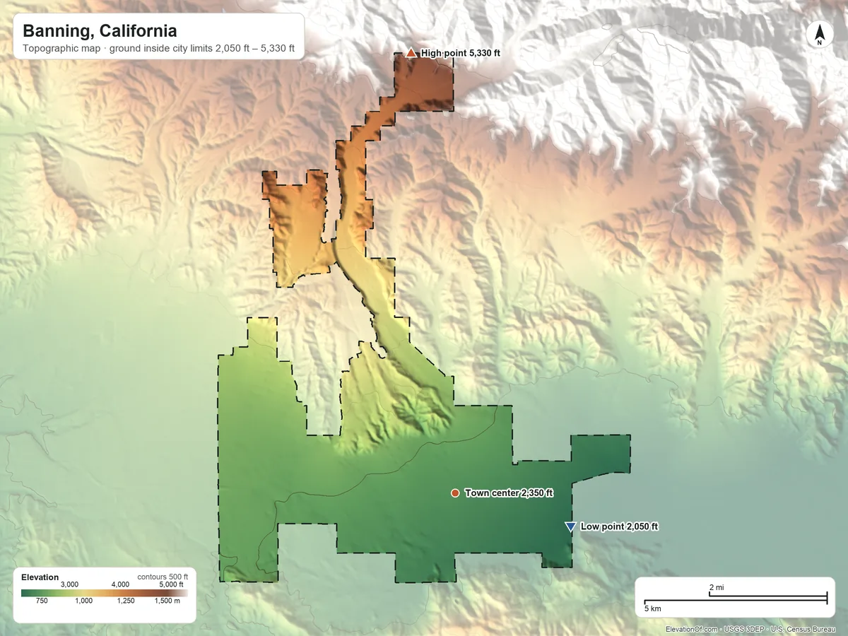 Topographic elevation map of Banning, California, shaded from 2,050 ft on the east side to 5,330 ft at the foot of the San Bernardino Mountains