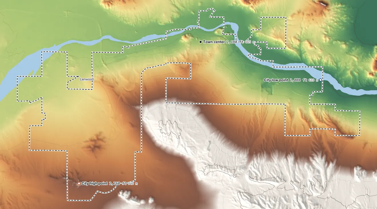 Topographic elevation map of Barstow, California, shaded from 2,000 ft on the east side to 2,760 ft on the southwest side