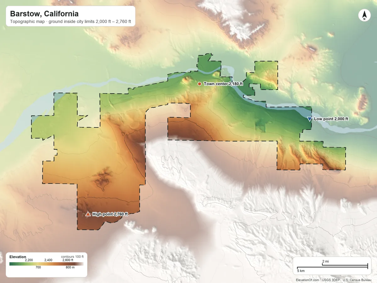 Topographic elevation map of Barstow, California, shaded from 2,000 ft on the east side to 2,760 ft on the southwest side