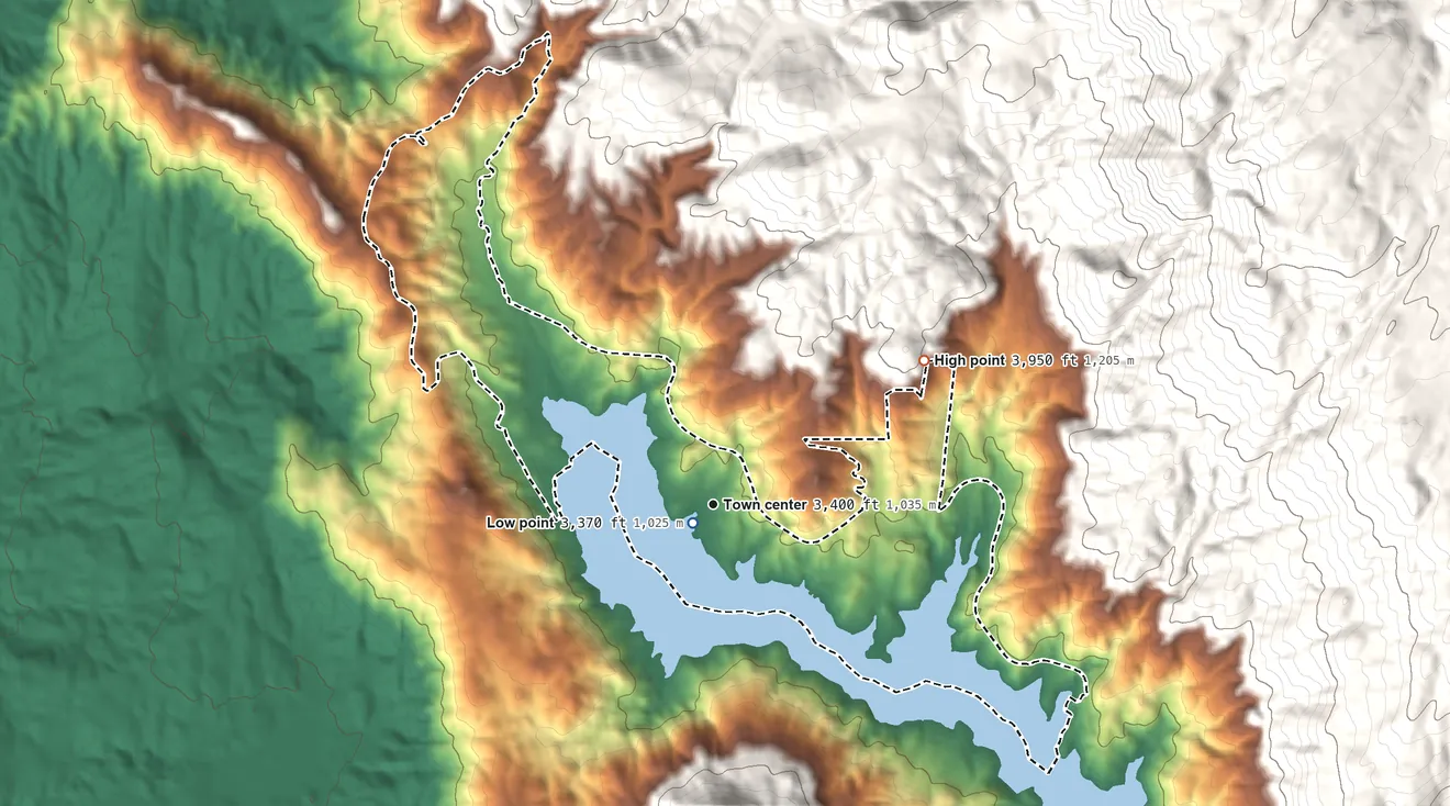 Topographic elevation map of Bass Lake, California, shaded from 3,370 ft near the middle to 3,950 ft on the northeast edge, below higher ground just outside