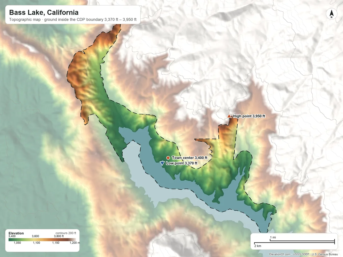 Topographic elevation map of Bass Lake, California, shaded from 3,370 ft near the middle to 3,950 ft on the northeast edge, below higher ground just outside