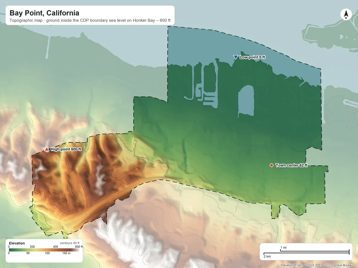 Topographic elevation map of Bay Point, California, shaded from sea level level on Honker Bay to 600 ft on the west side
