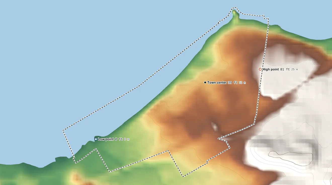 Topographic elevation map of Bayview, Contra Costa County, California, shaded from sea level level on San Pablo Bay to 81 ft on the east side