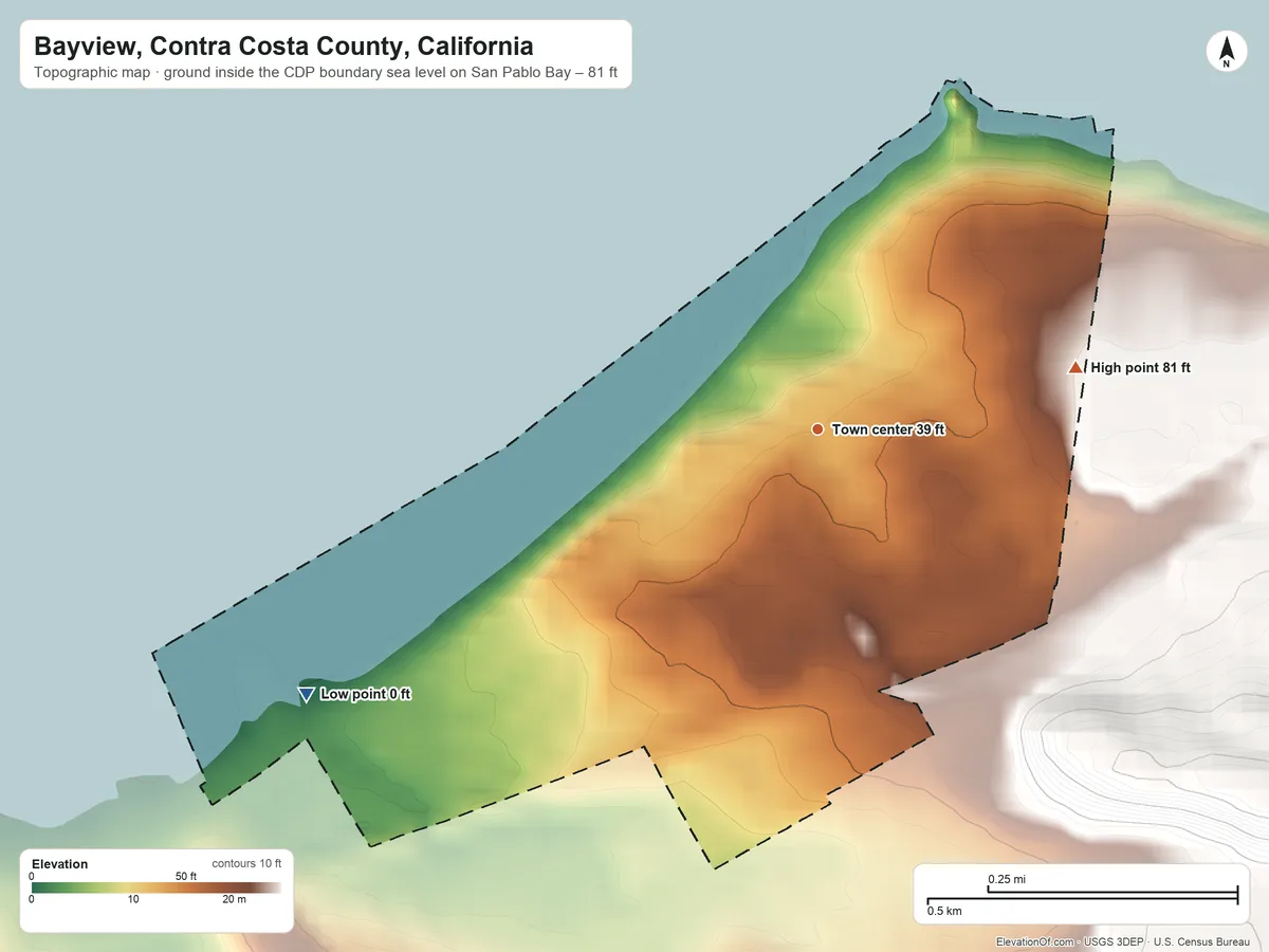 Topographic elevation map of Bayview, Contra Costa County, California, shaded from sea level level on San Pablo Bay to 81 ft on the east side