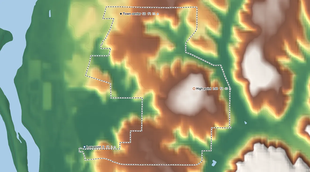 Topographic elevation map of Bayview, California, shaded from 6 ft on the south side to 140 ft on the southeast side