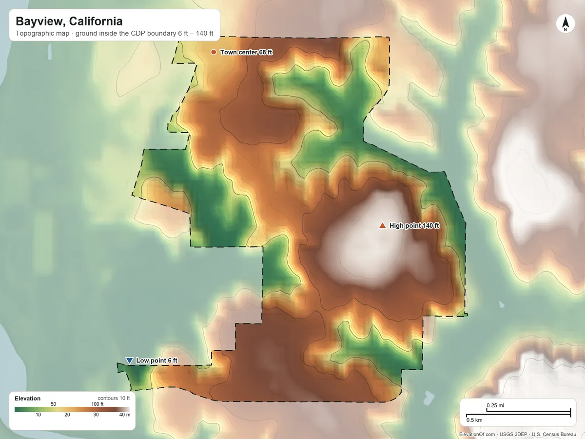 Topographic elevation map of Bayview, California, shaded from 6 ft on the south side to 140 ft on the southeast side