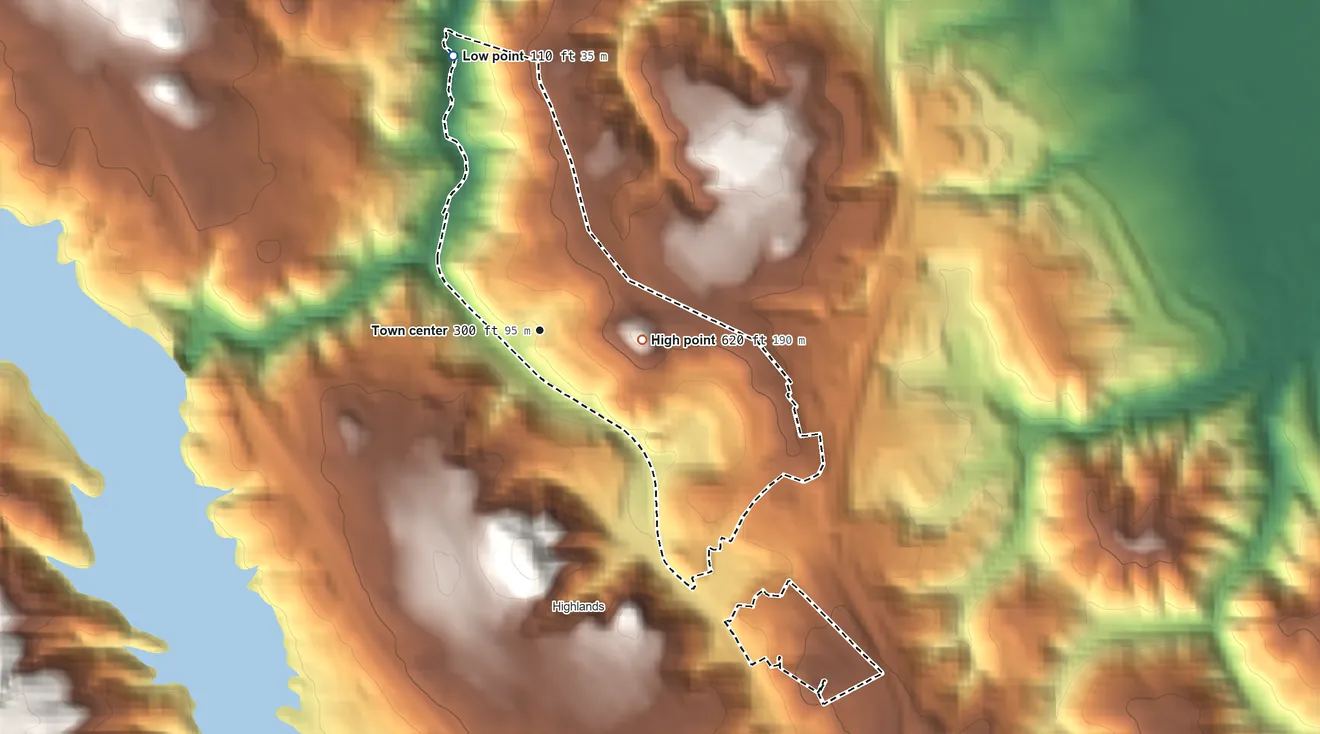 Topographic elevation map of Baywood Park, California, shaded from 110 ft on the north side to 620 ft on the east side