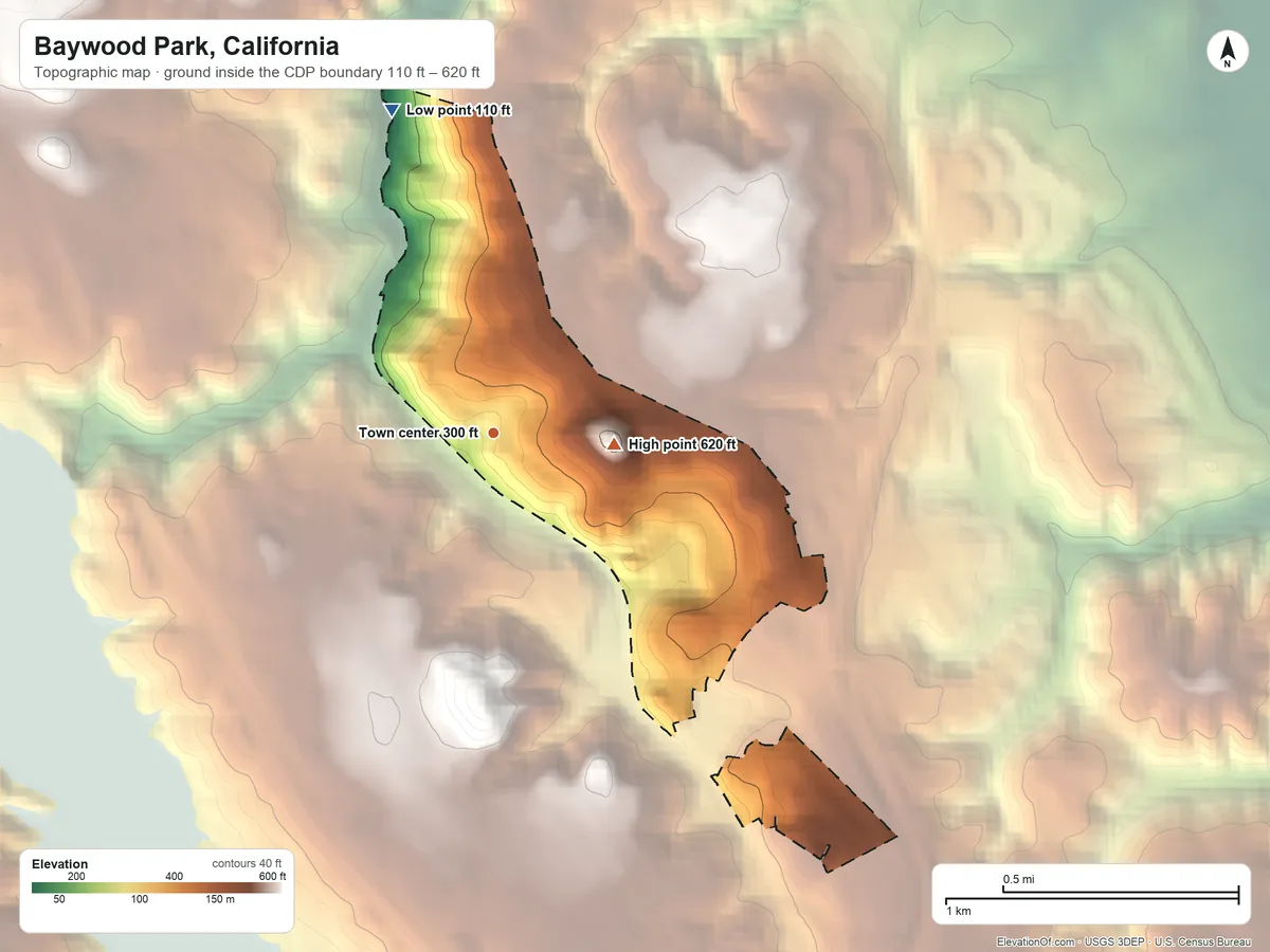 Topographic elevation map of Baywood Park, California, shaded from 110 ft on the north side to 620 ft on the east side